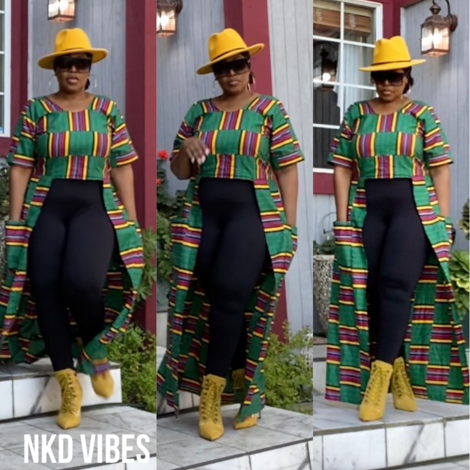 Norahs Khan Signature Wearable Art Overlay is a Distinctive Vibe in various fabric prints and colors. Love side pockets on this African Print. Cropped Front with ankle length draped over hips with confidence. Choose a fedora or Headwrap to compliment.