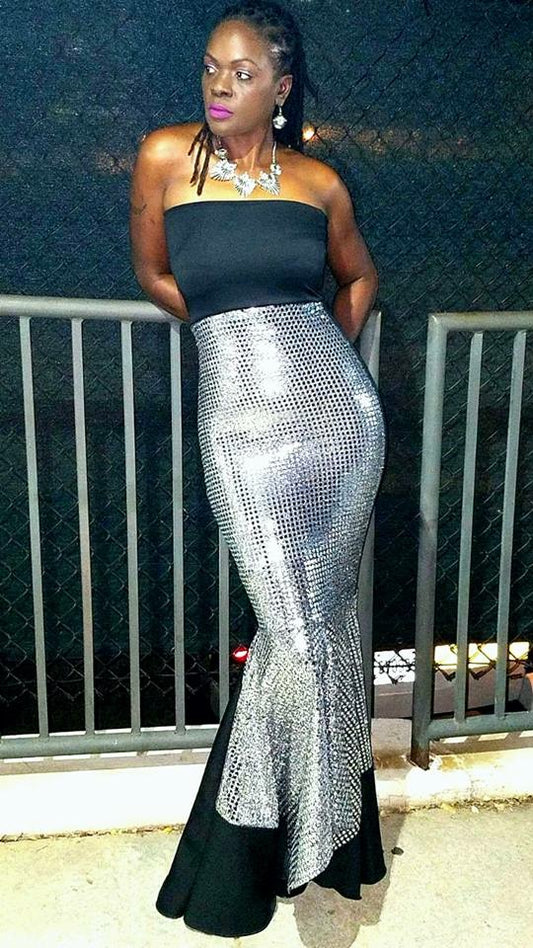 Silver Mirror Sequin and Black Gown